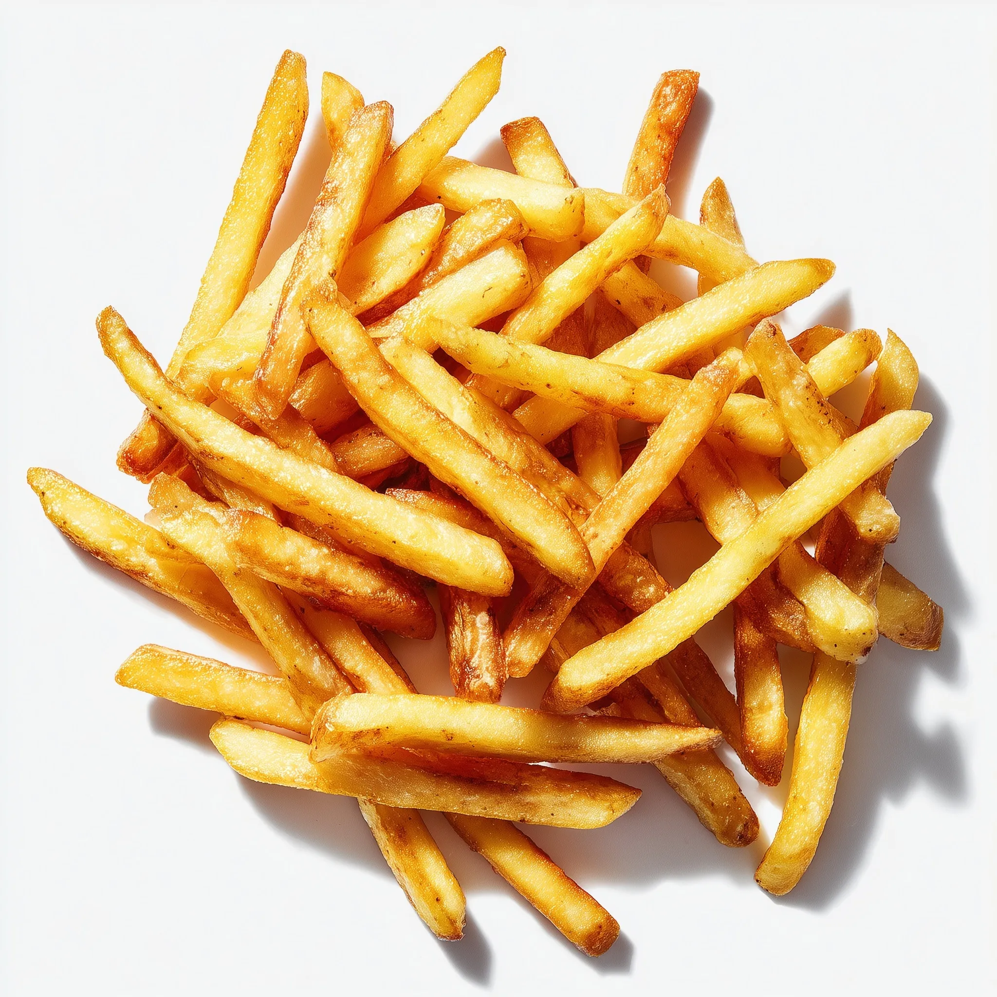 A professional food photography shot of golden crispy French fries isolated on a clean white background.