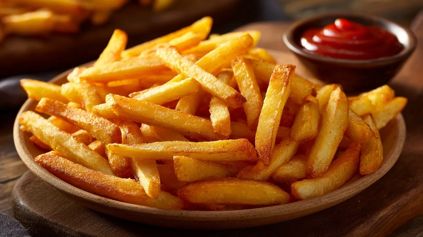 Crispy golden French fries on a beige plate with a side of ketchup in macro food photography.