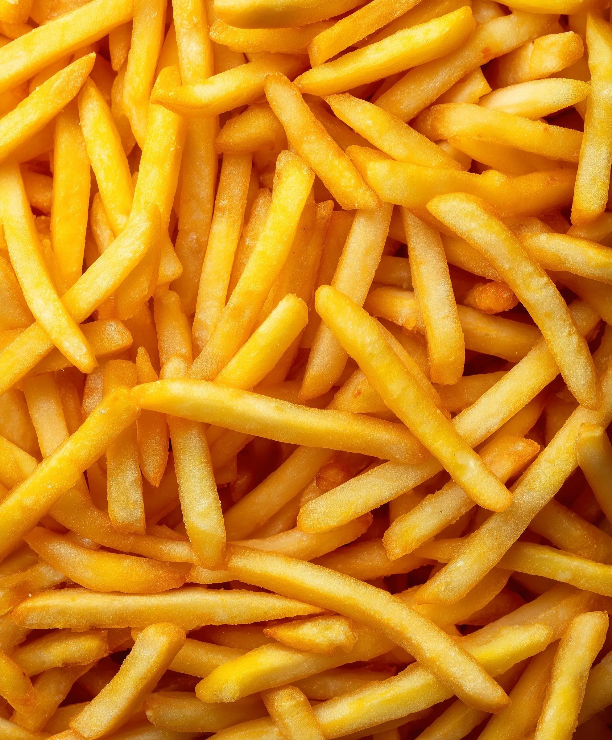 A top-down, close-up view of golden-yellow french fries scattered in an overlapping pattern with an oily texture.
