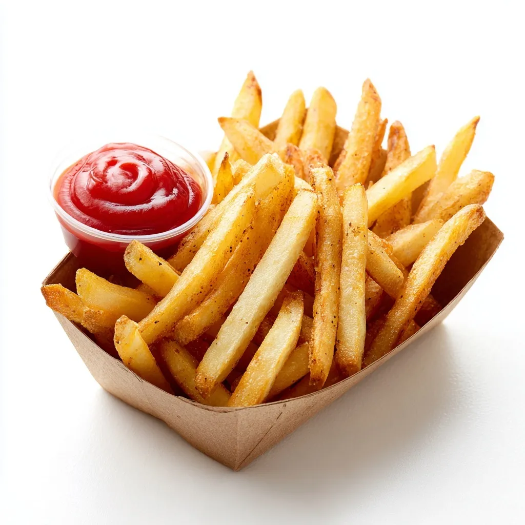 Crispy golden French fries served in a paper tray with red ketchup, isolated on a white background.