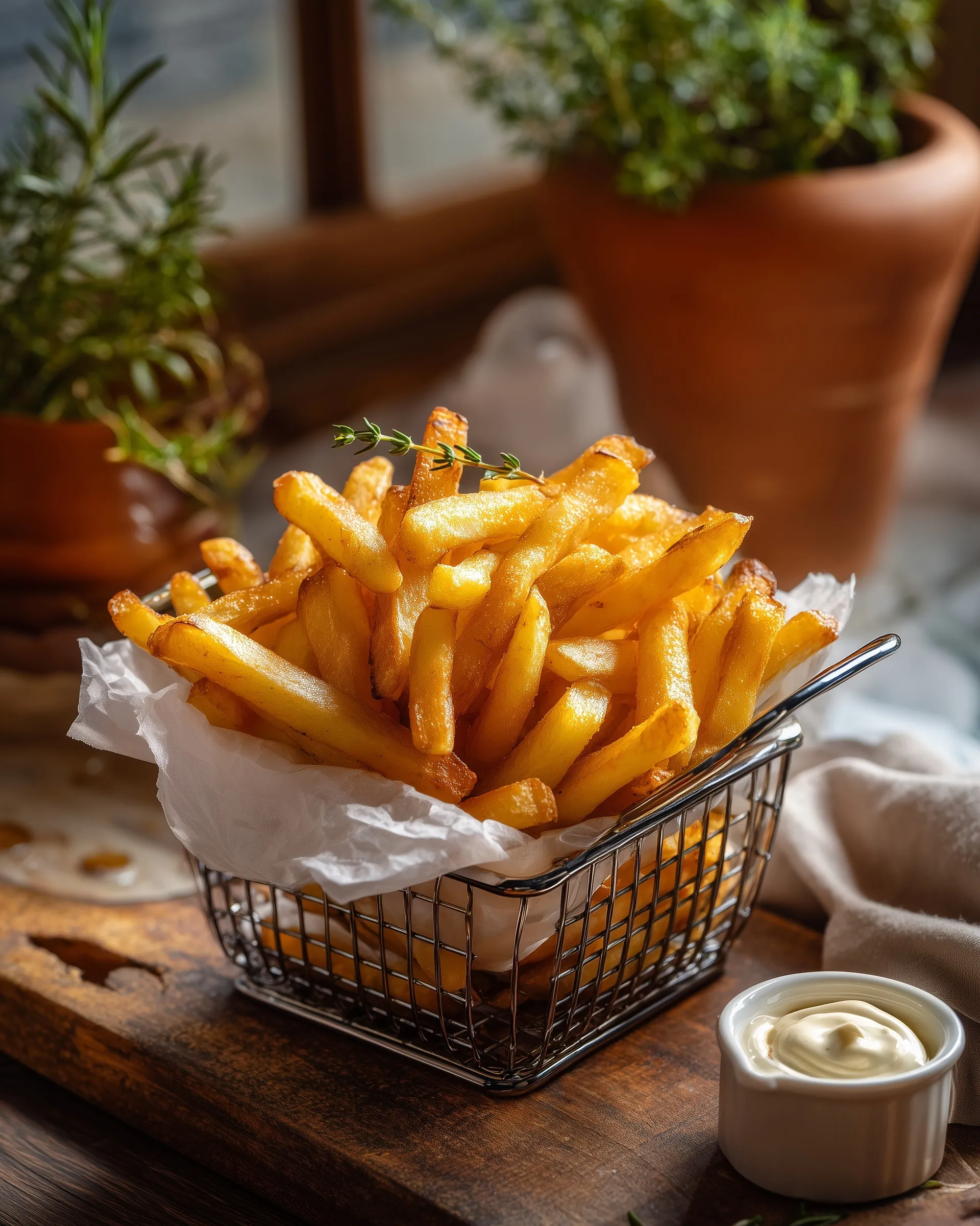 Crispy golden triple-fried French fries in a silver wire basket served with truffle mayo on a rustic wooden table.