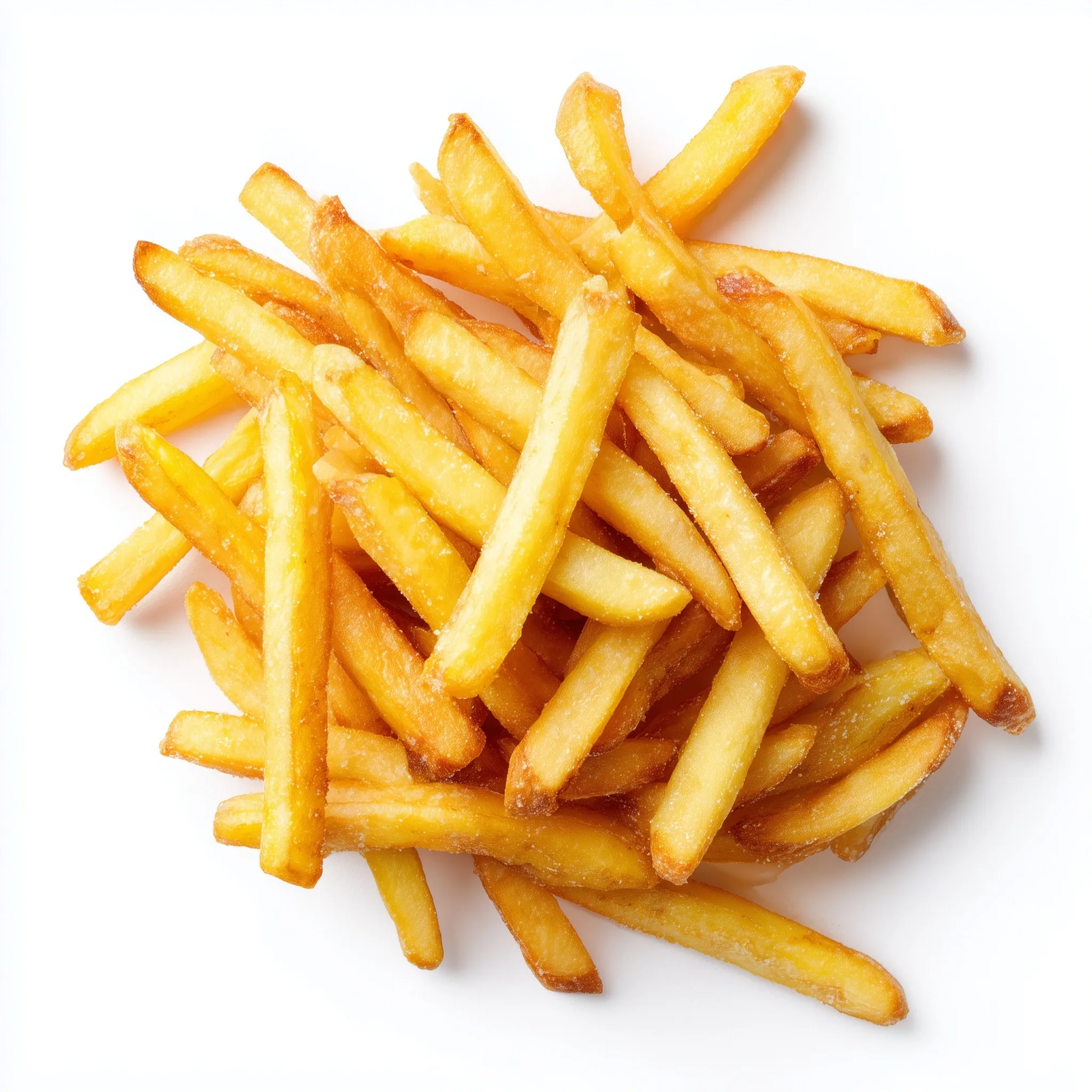 Top view of a pile of crispy golden French fries isolated on a clean white background.