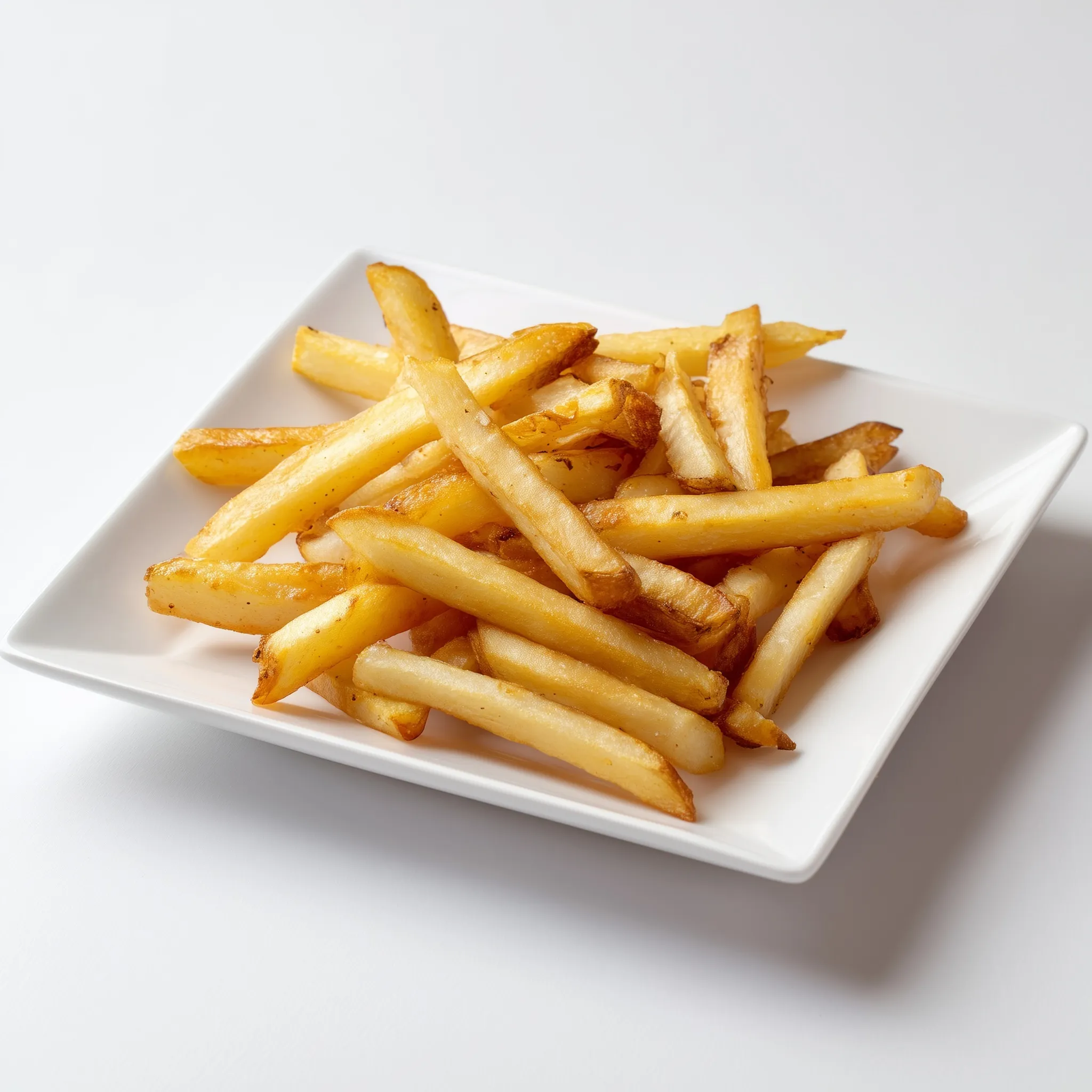 Top-down view of golden crispy french fries served on a clean white rectangular plate, isolated on a white background.