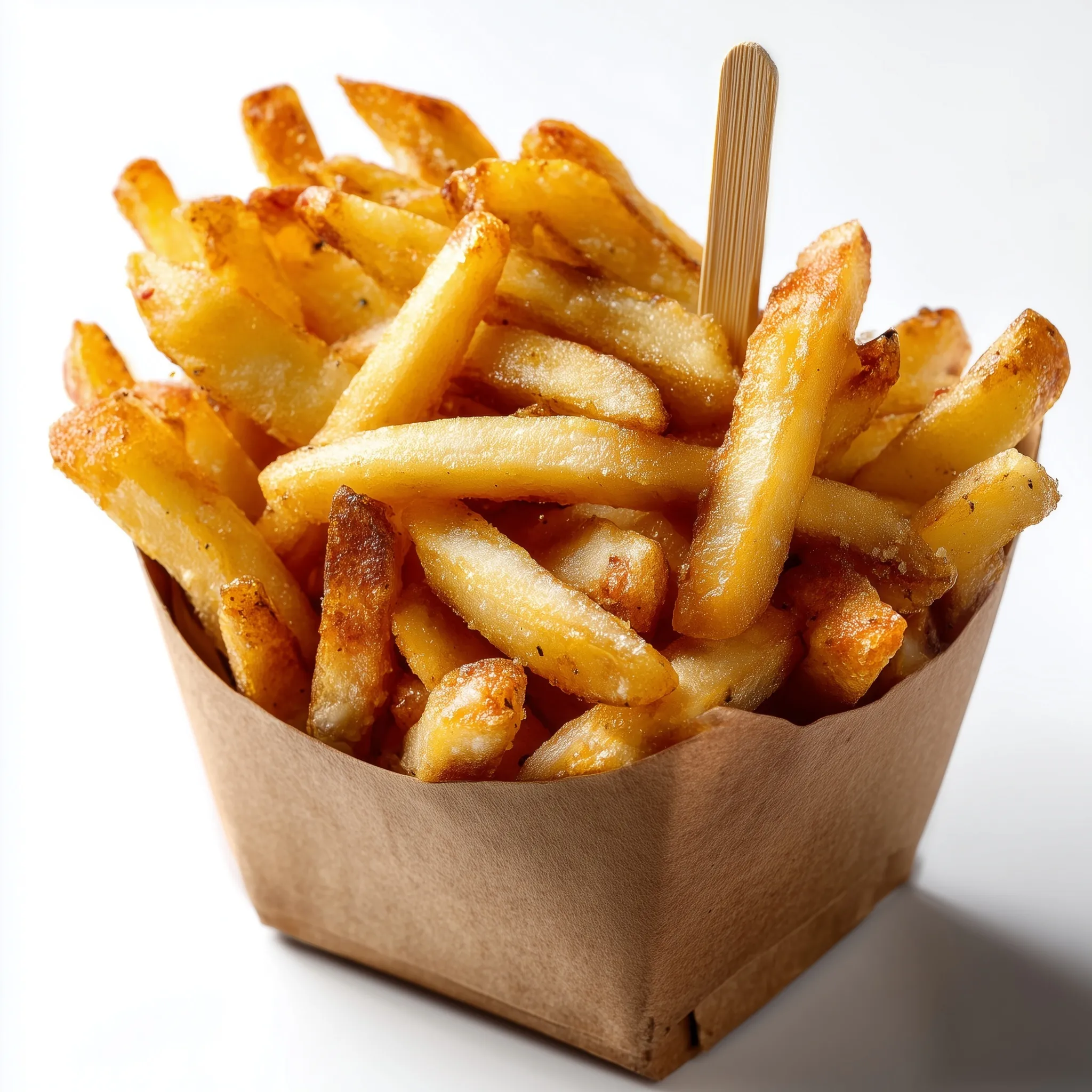 Crispy golden french fries in a brown kraft paper box with a toothpick, isolated on a white background.