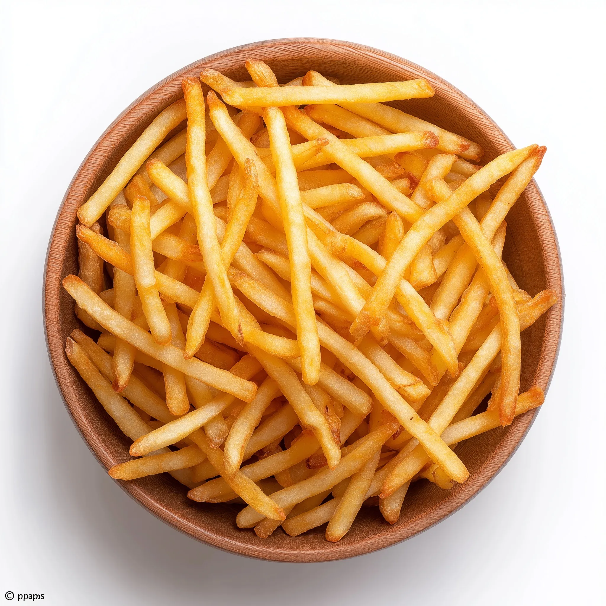 Top view of crispy golden thin potato sticks in a wooden bowl isolated on a white background.