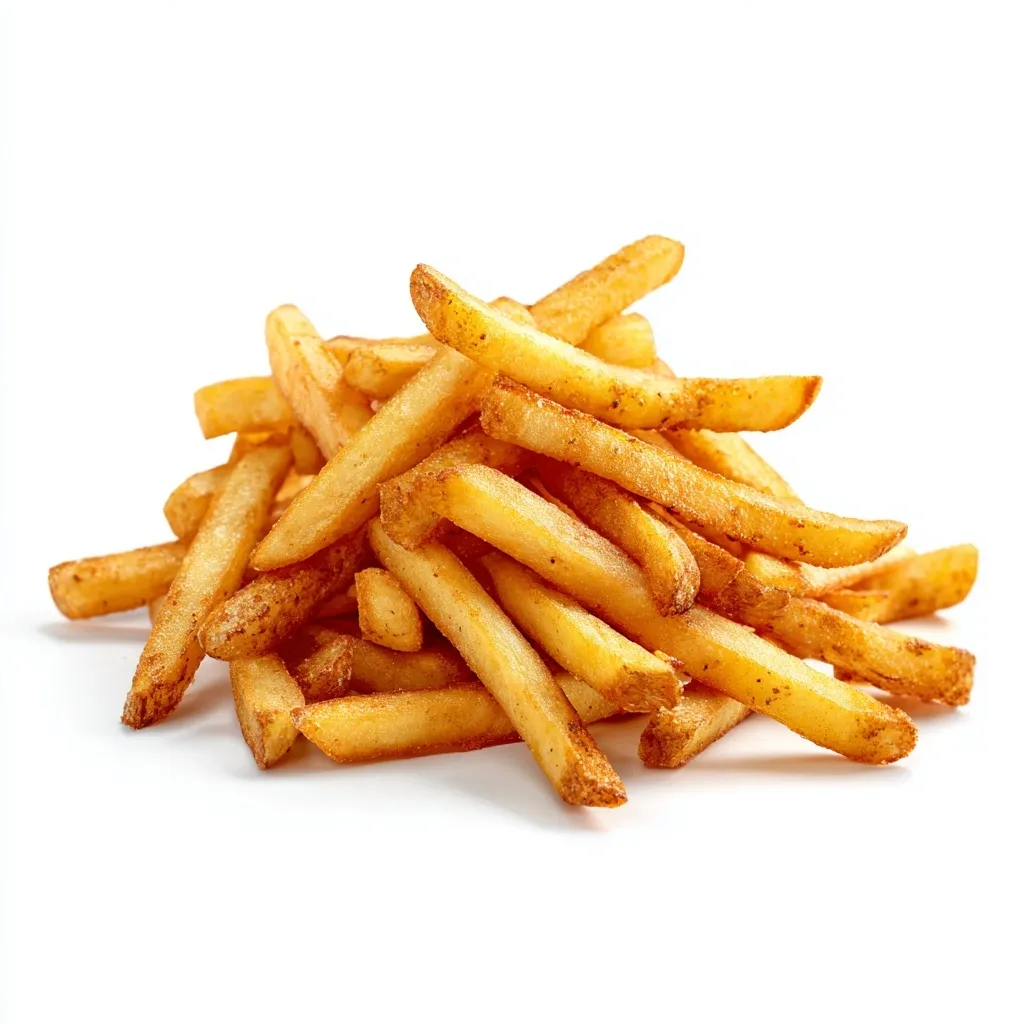A golden pile of McDonald's French fries arranged on a clean white surface with an isolated background.