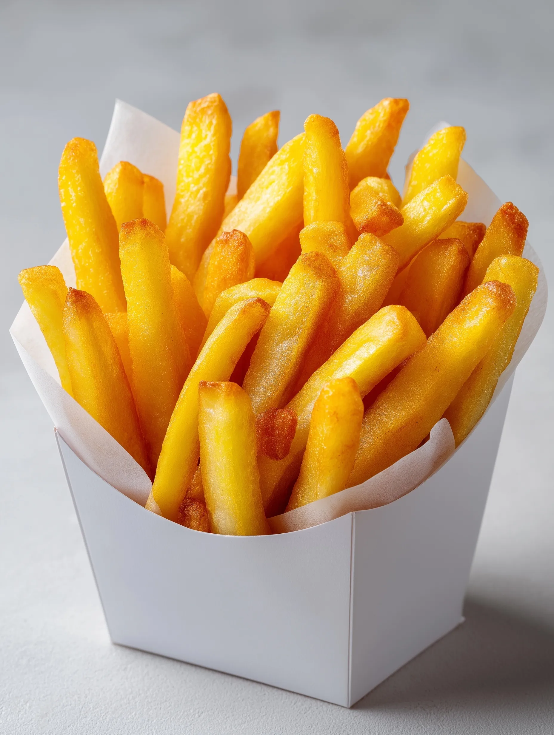 Golden crispy French fries in a classic takeaway container isolated on a clean white background.