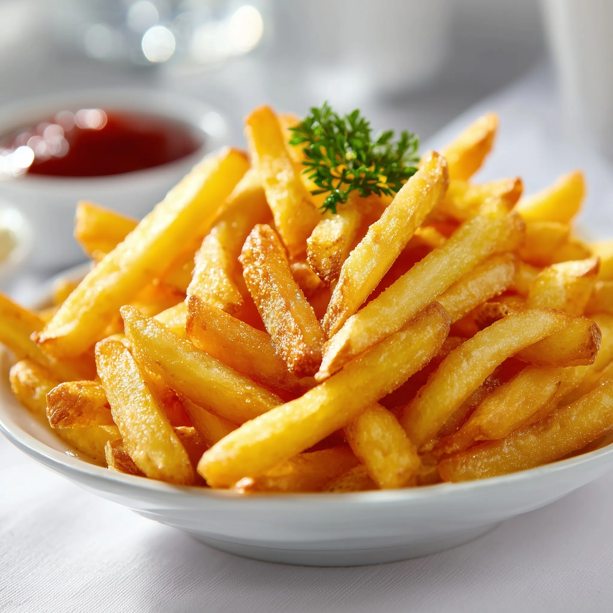 A plate of golden crispy French fries served on a clean white background, studio advertising photography.