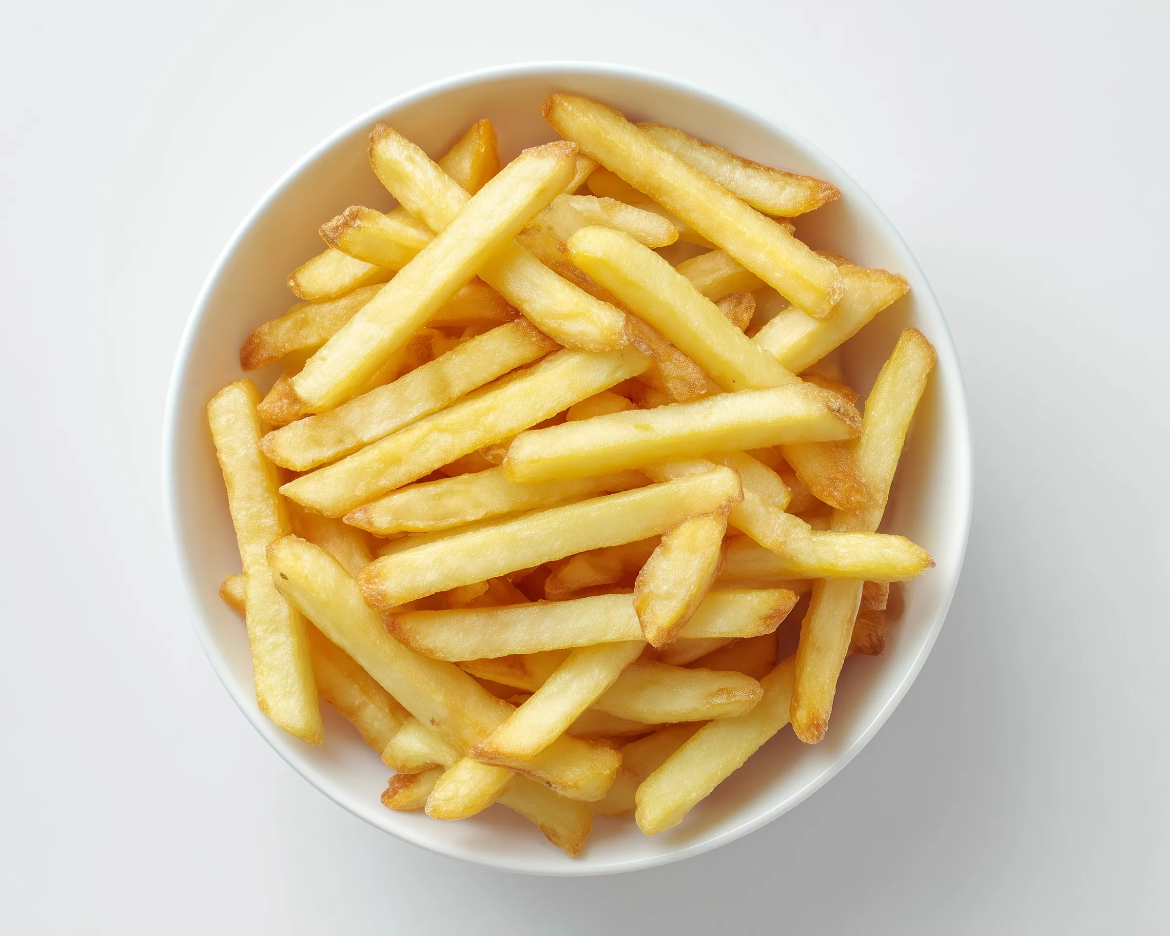 A top-down view of crispy plain French fries in a white ceramic bowl isolated on a clean white background.