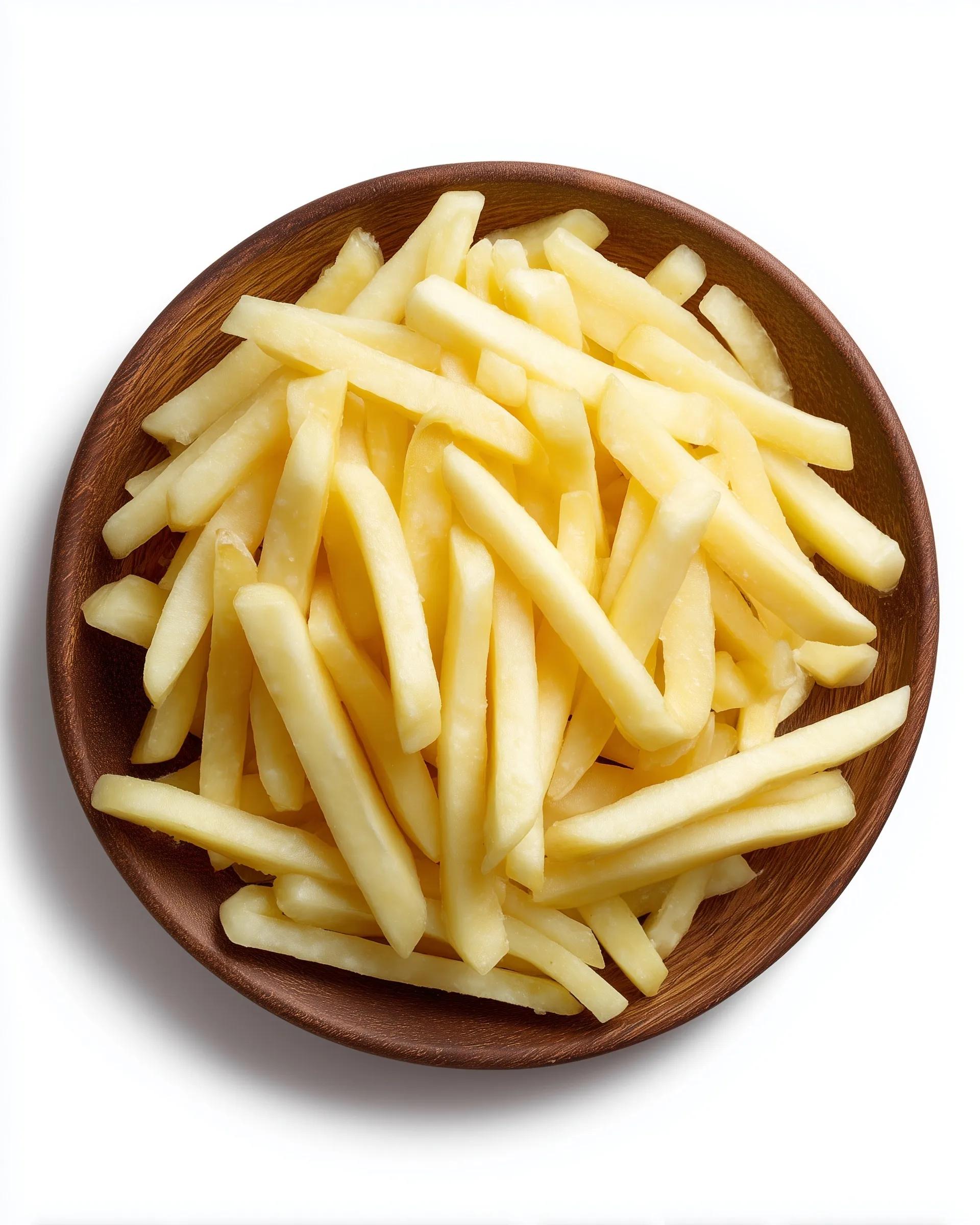 Top-down flat lay of raw, uniform potato strips cut into French fries on a rustic wooden plate, white background.
