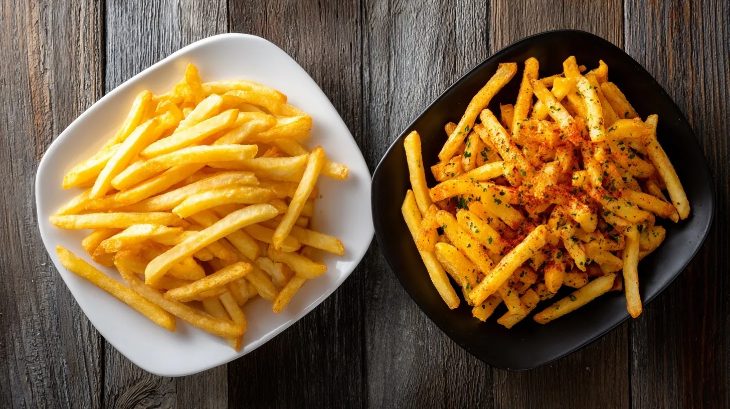 A plate of classic golden yellow french fries next to a plate of gourmet seasoned fries on a rustic table.