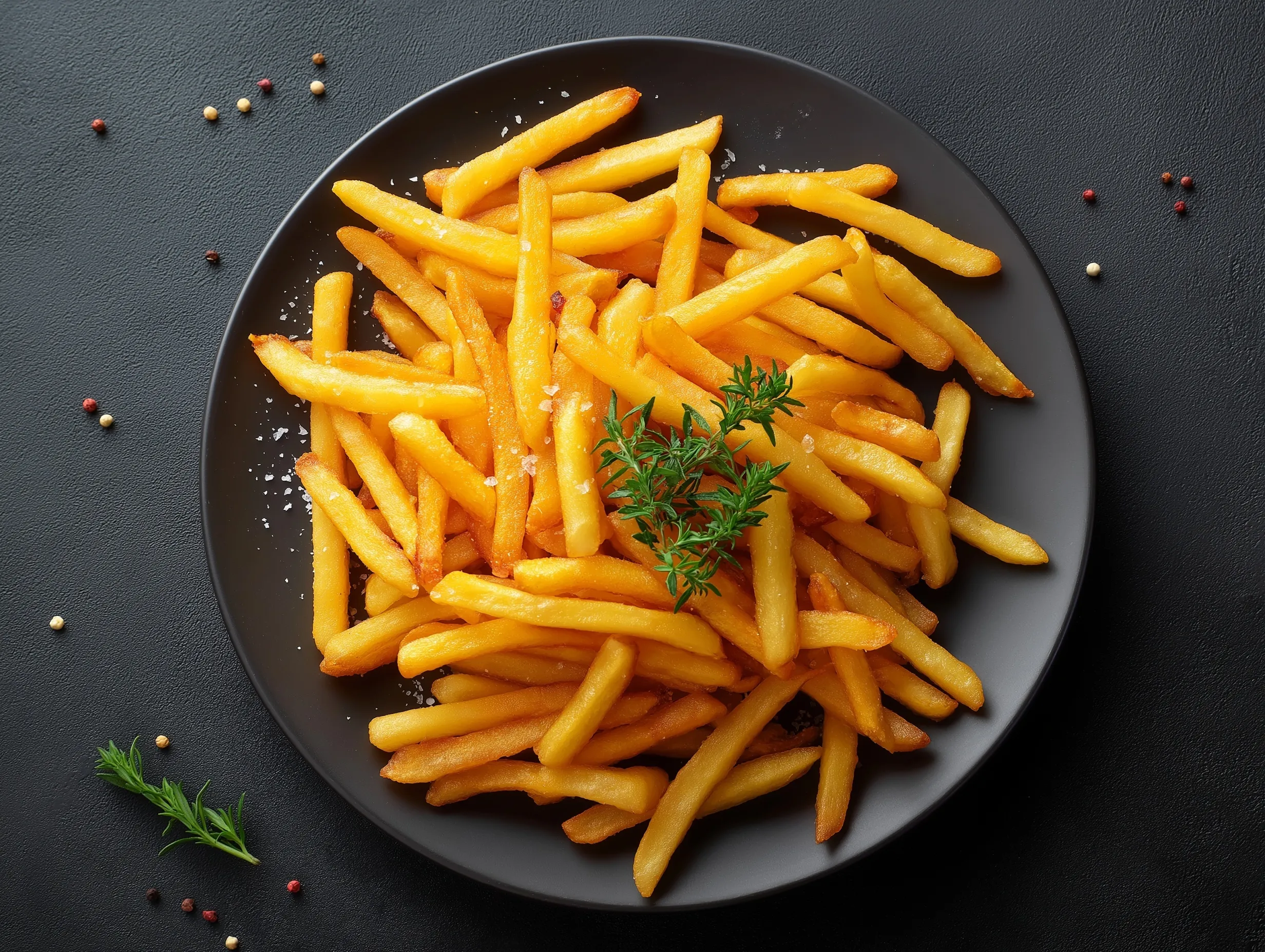 Top-down view of golden crispy French fries served on a dark gray plate against a light beige background.