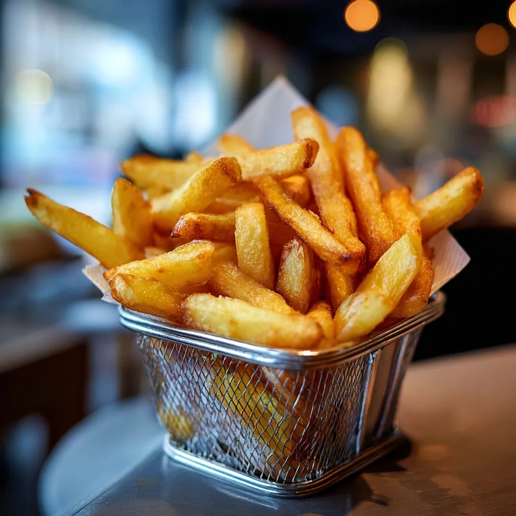 A close-up view of golden, crispy salted French fries served in a classic paper cone.