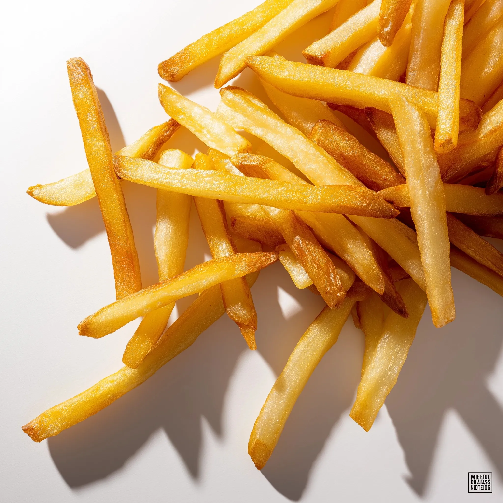 Crispy golden French fries served on a clean white background, captured from a top-down perspective with sharp shadows.