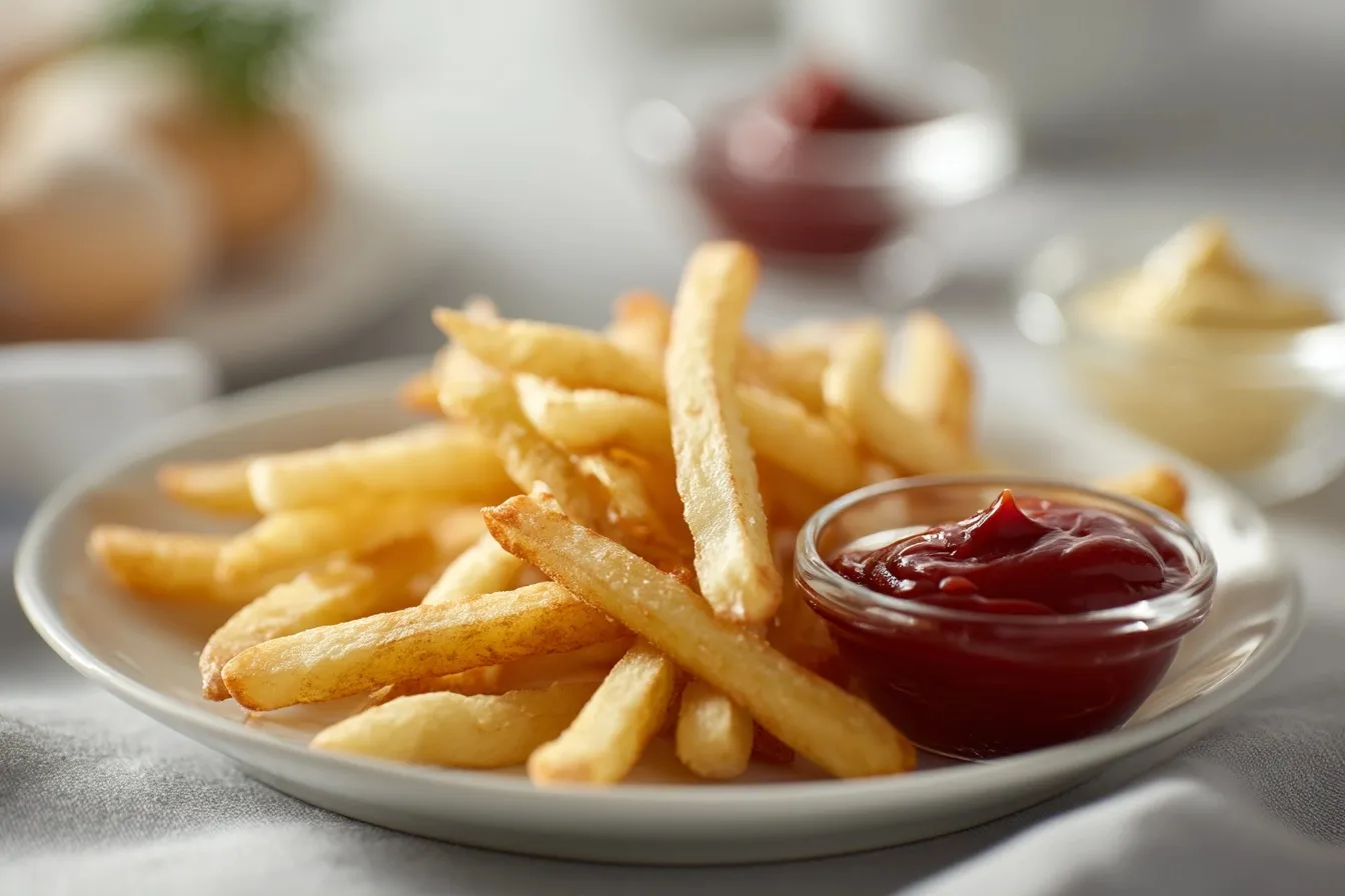Close-up of golden French fries served on a white plate with small bowls of ketchup and mustard.