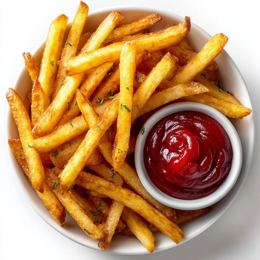 A bowl of golden crispy French fries with a side of fresh red ketchup on a clean white background.