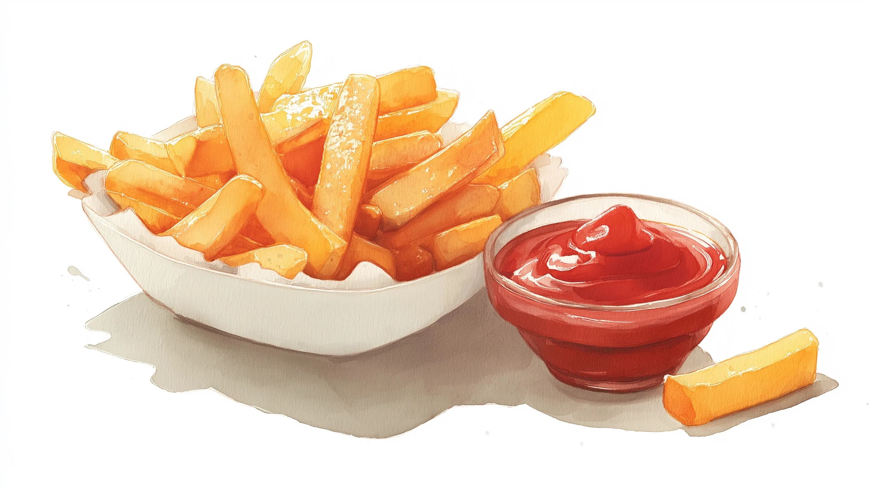 Watercolor illustration of crispy golden french fries dipping into a bowl of red ketchup, isolated on white.
