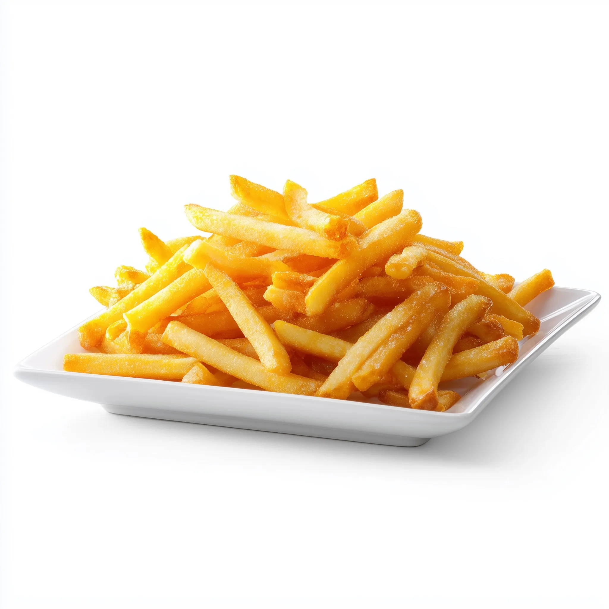 Ultra-realistic cheesy fries served on a white rectangular plate against a plain white background.