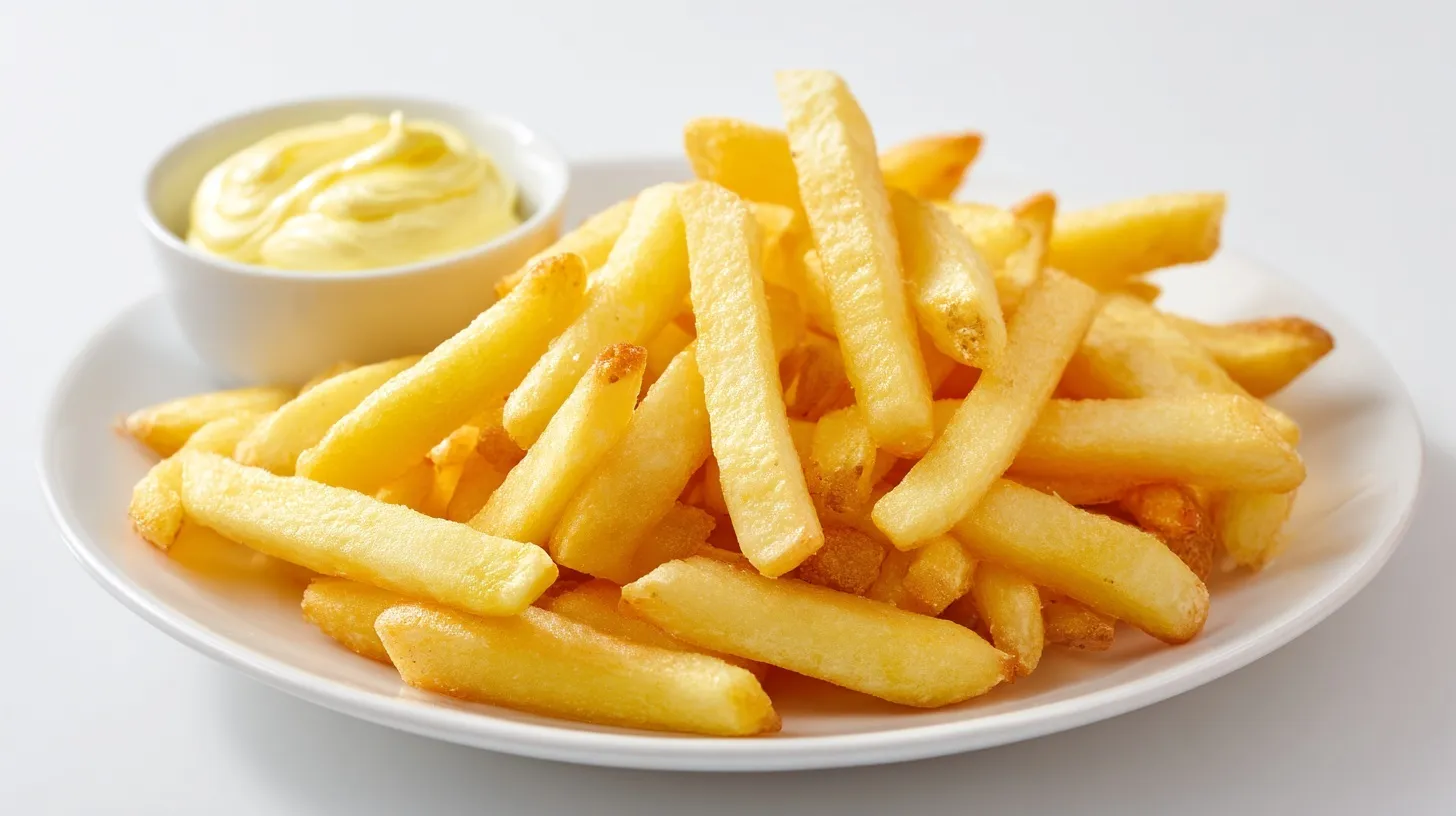 Crispy golden french fries served with garlic paste on a white plate, isolated on a clean white background.