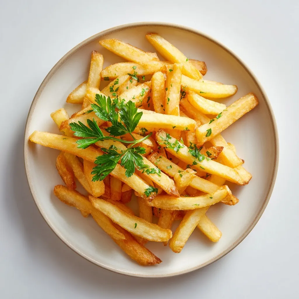 Overhead view of crispy golden French fries served on a white ceramic plate with a fresh parsley garnish.