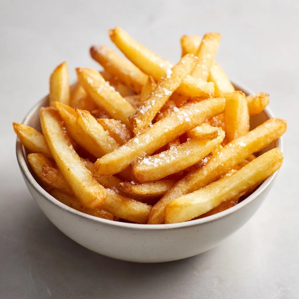A small bowl of golden, crispy salted French fries served on a clean surface for a bistro menu.