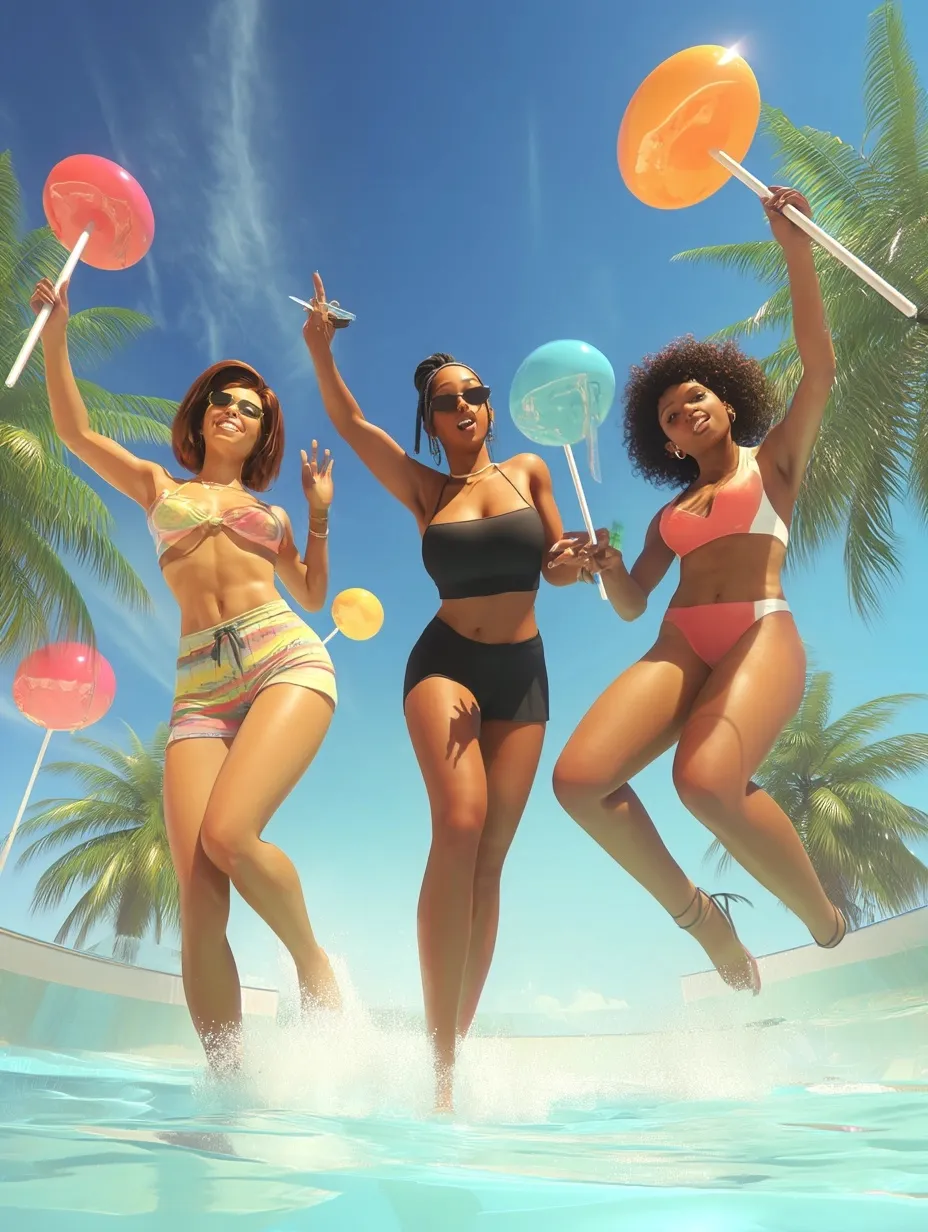 Three diverse girlfriends having fun at a vibrant outdoor foam pool party with giant 3D lollipop palm trees.