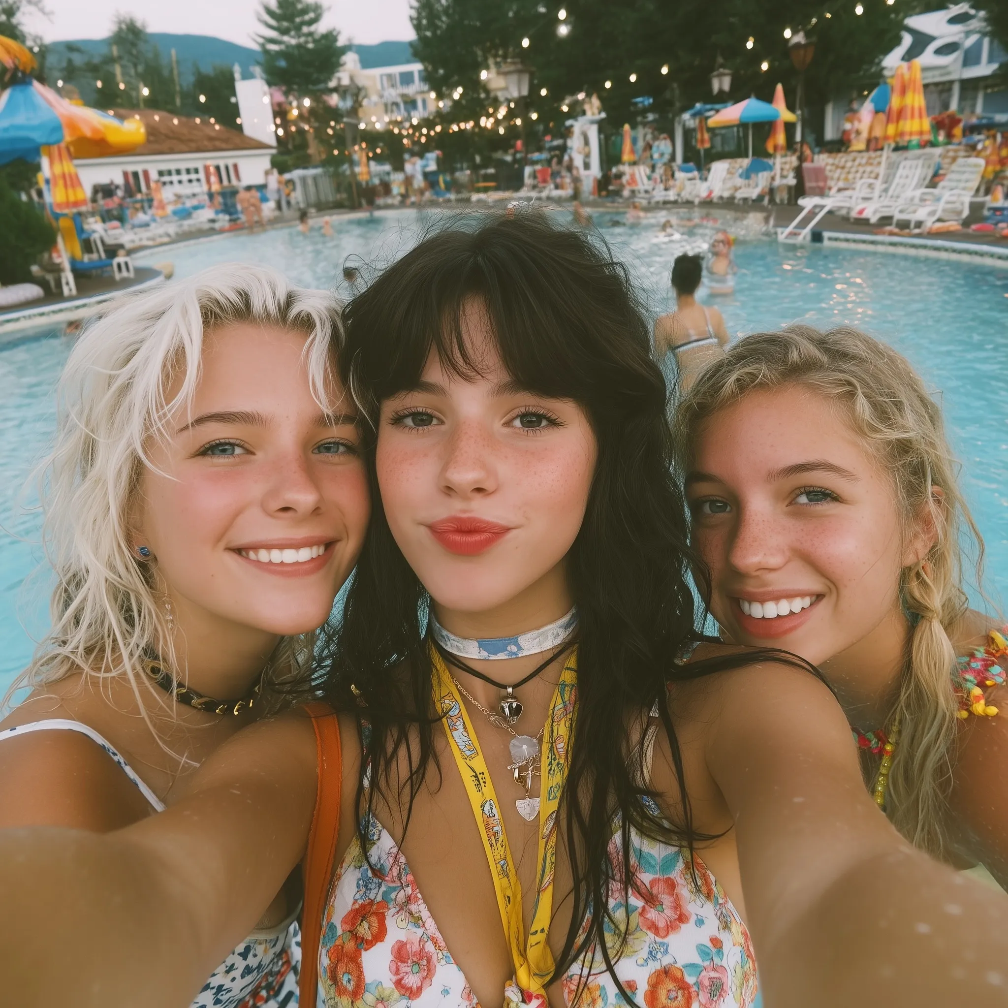 Teenage girls taking a 1990s vintage selfie at a nostalgic backyard summer pool party.