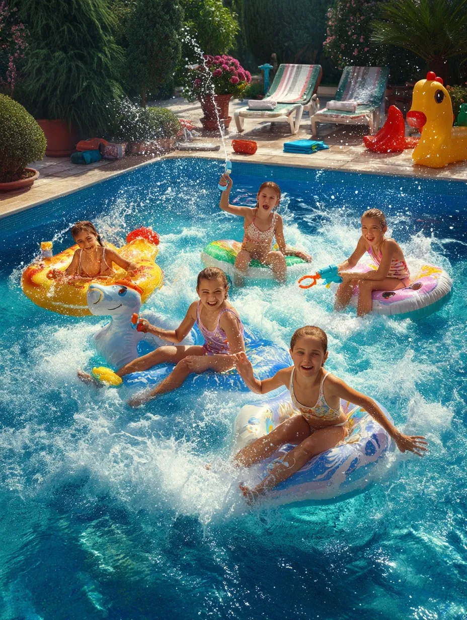 Turkish children playing on colorful inflatable pool floats during a joyful summer party with water splashes.