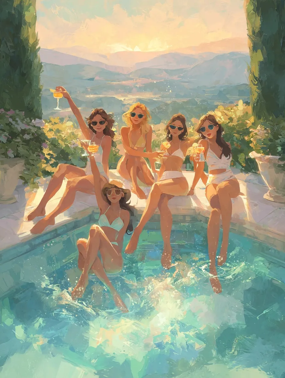 Pastel illustration of girls enjoying a summer pool party with cocktails at golden hour.
