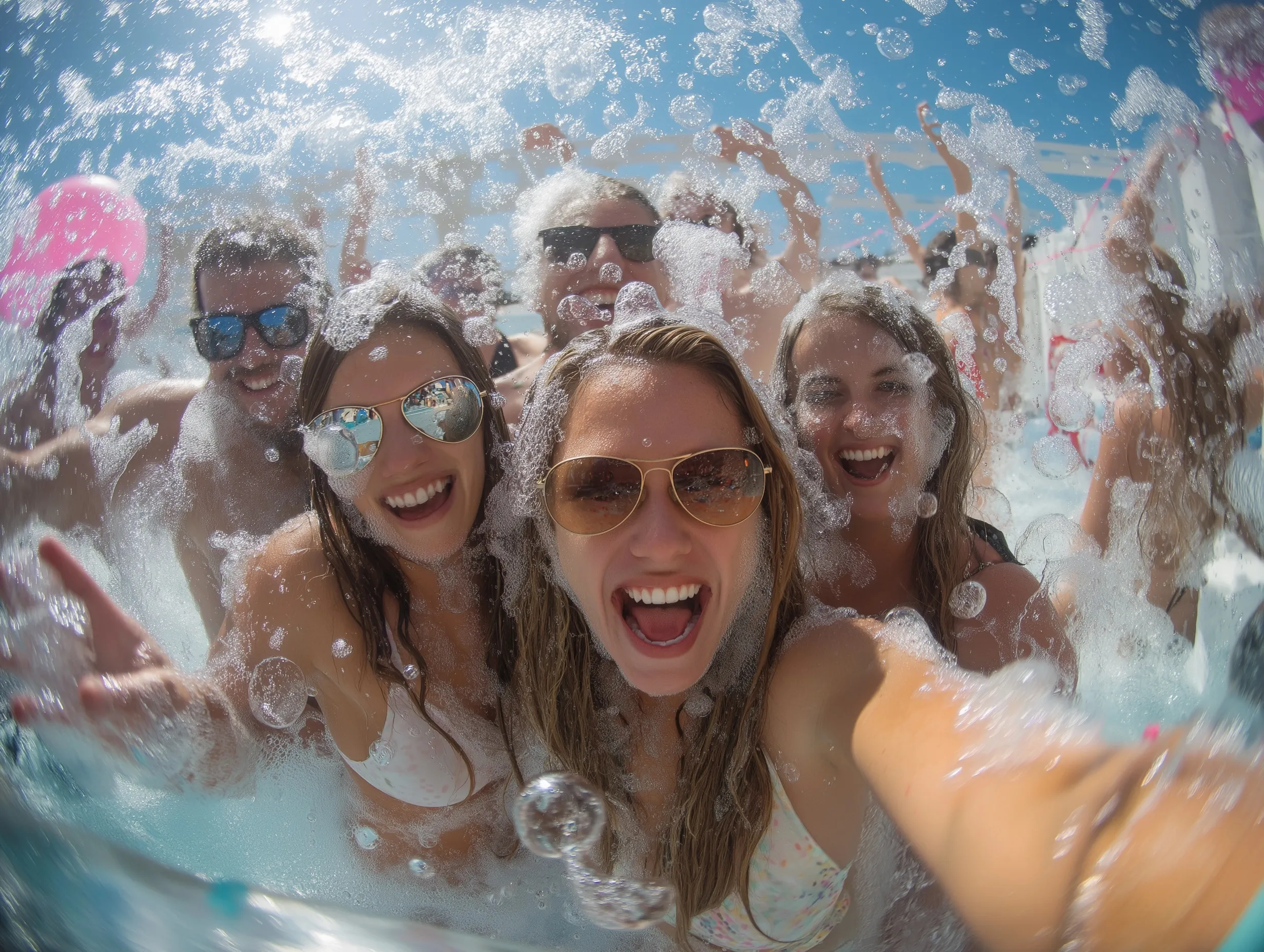 Diverse friends having fun at a vibrant foam pool party, captured from a low angle looking up at the sky.