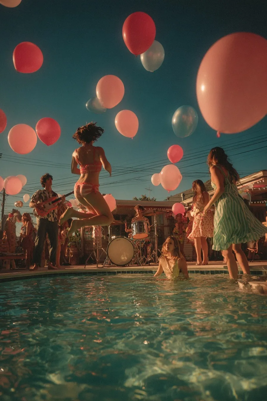 A vibrant night pool party with a live band, drummer jumping into the pool, and guests in summer party attire.