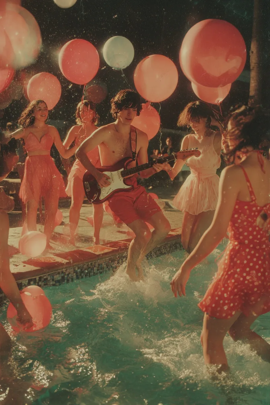 Young people at a vibrant night pool party with floating balloons, a jumping guitarist, and colorful summer outfits.