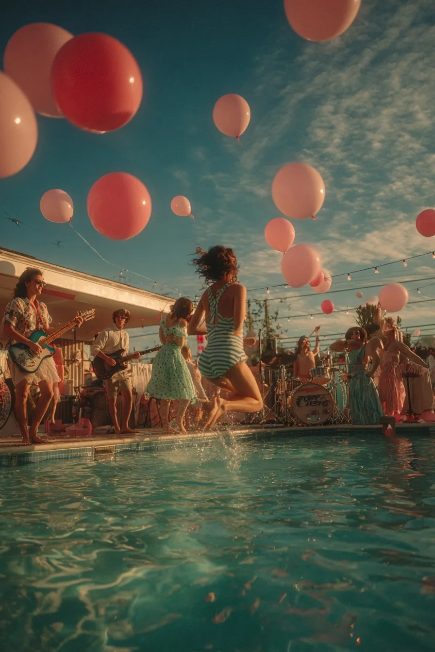 A vibrant night pool party with a live band, drummer, and guests in colorful summer swimwear at golden hour.