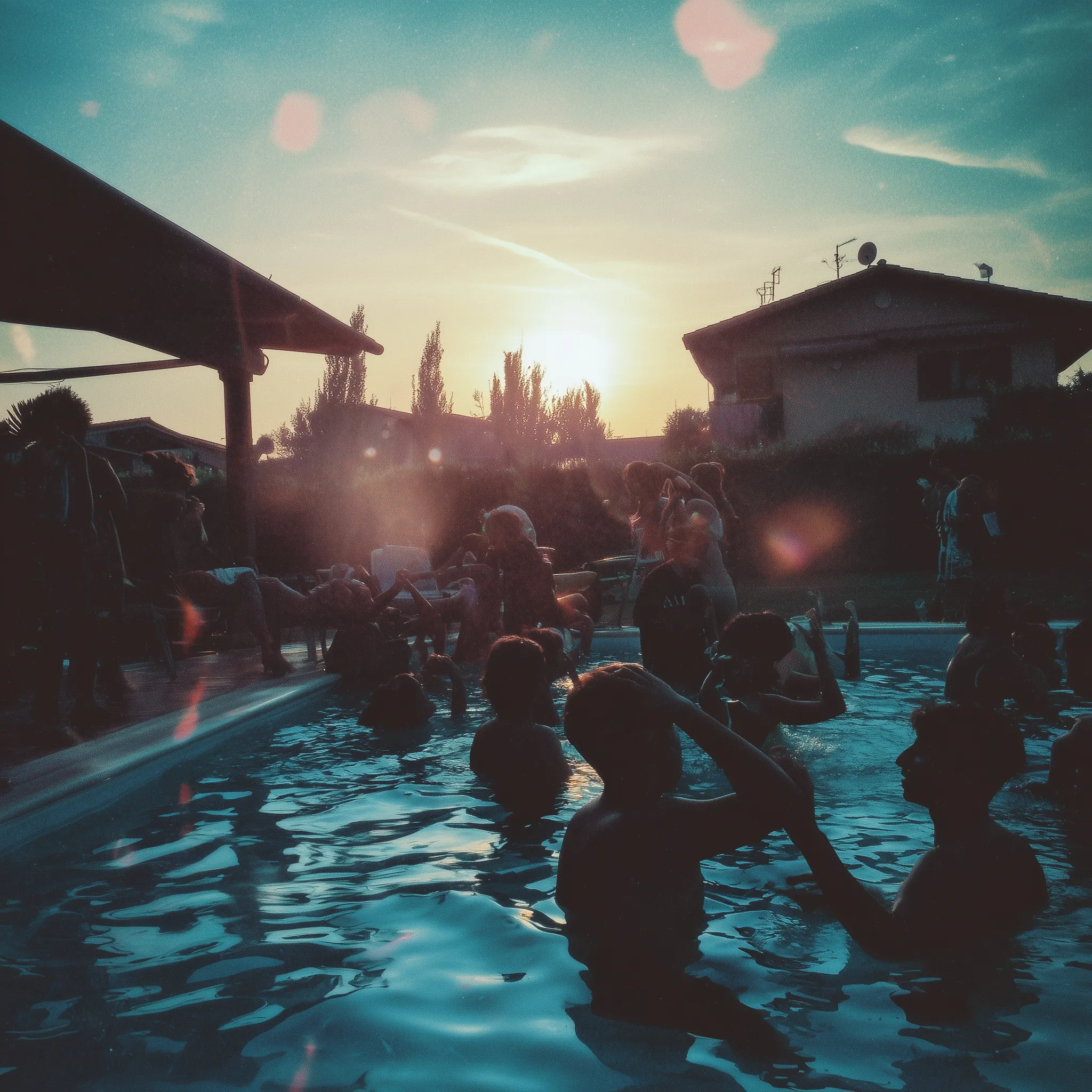 A group of friends having fun at a golden hour aesthetic pool party with sun lens flares.