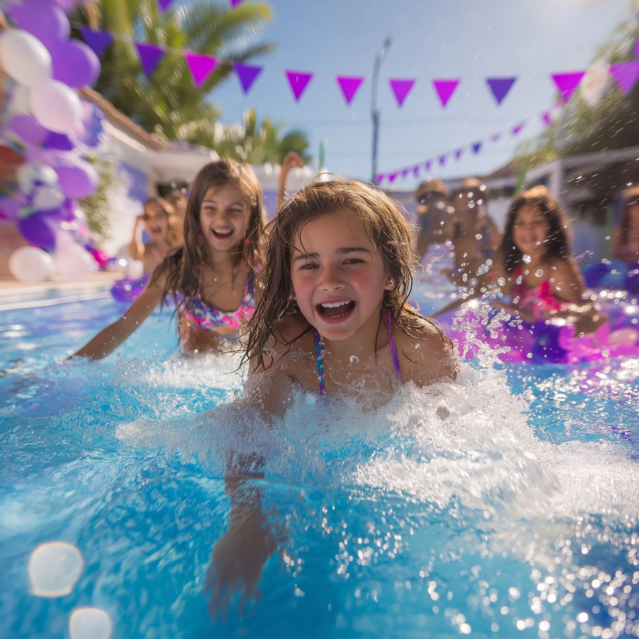 Diverse group of happy teens and girls jumping into a sunny swimming pool at a vibrant summer party.