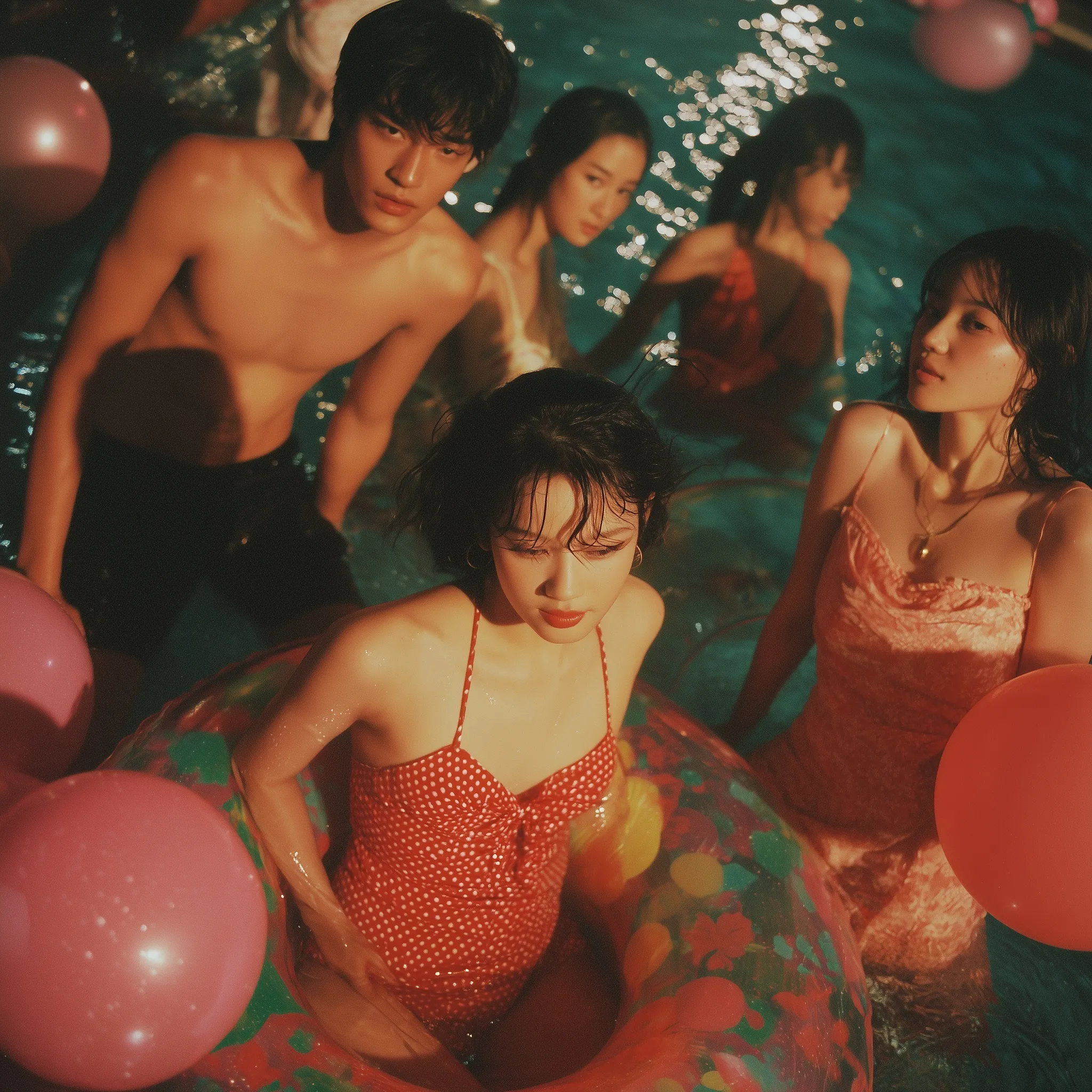 Young Asian friends at a vibrant night pool party with colorful balloons, inflatable balls, and stylish summer wear.