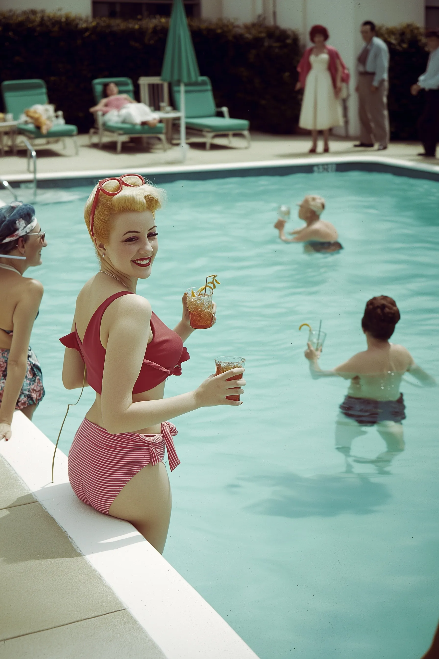 Group of women enjoying 1950s vintage Beverly Hills pool party with cocktails, retro summer aesthetic.