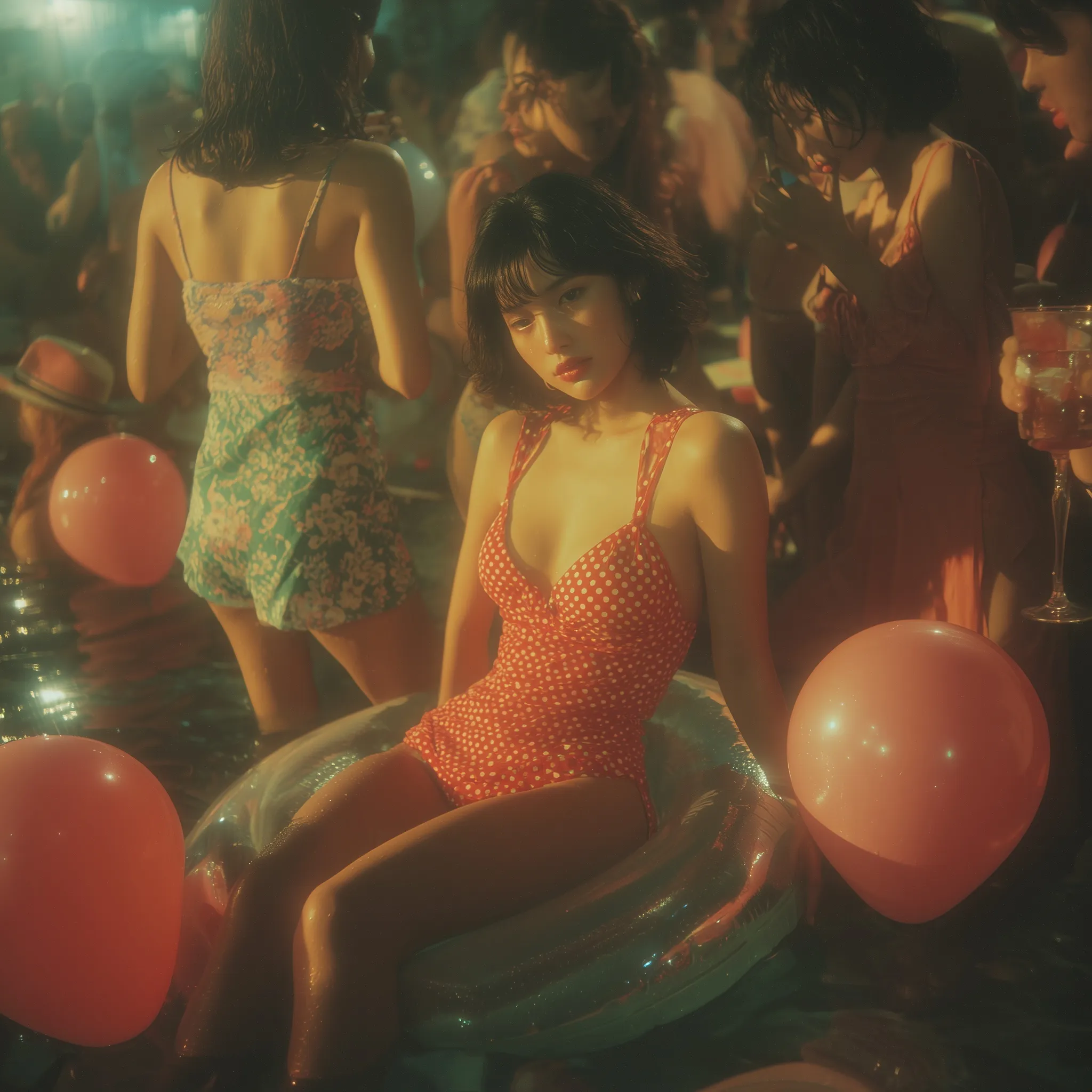 Young Asian women enjoying an outdoor night pool party with colorful balloons, cocktails, and polka-dot swimsuits.