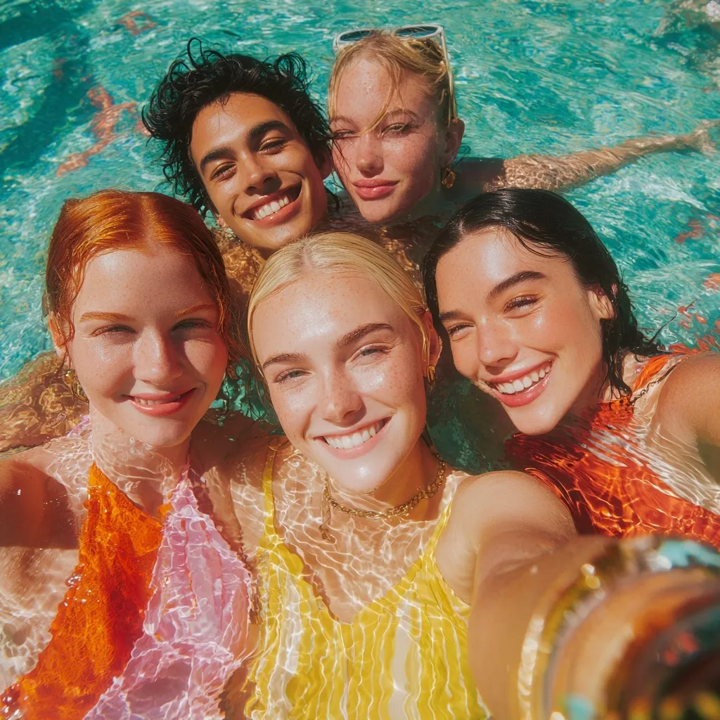 Influencers enjoying a colorful summer pool party with drinks and happy vibes for promotional events.