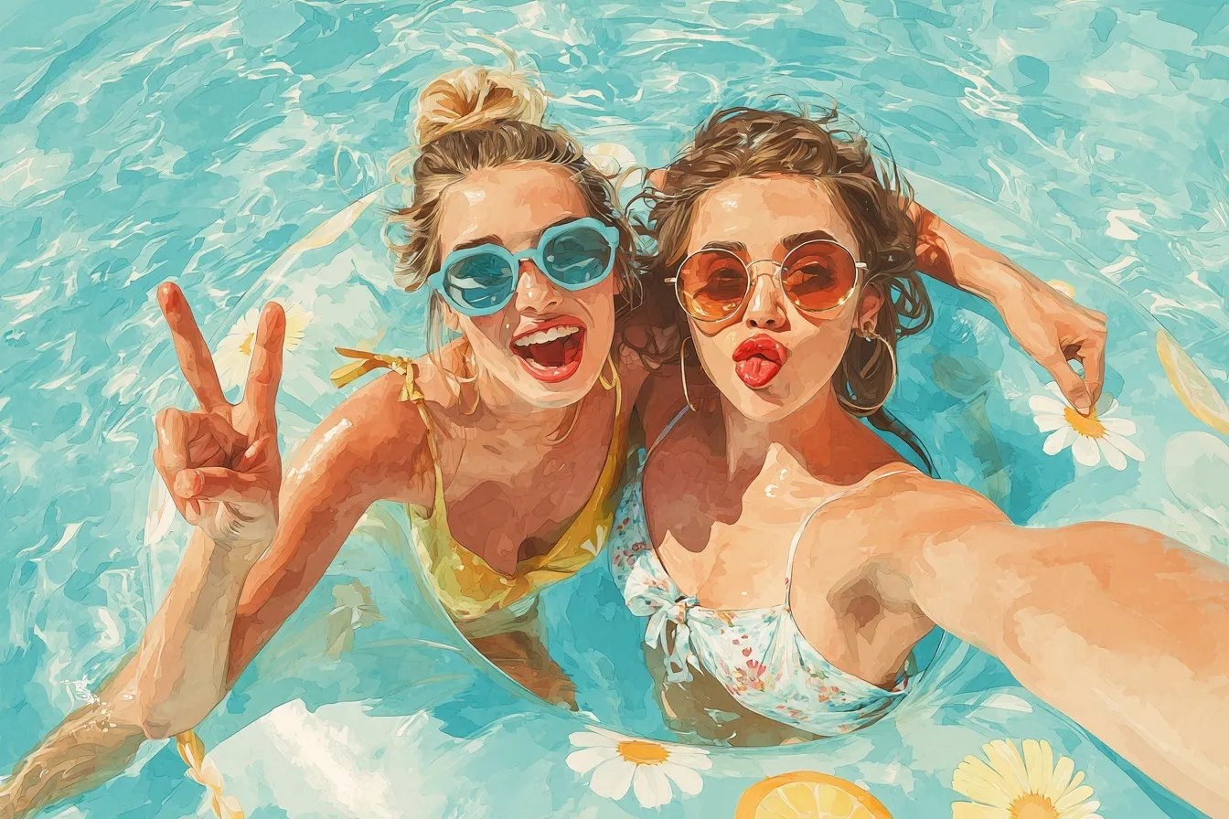 Watercolor illustration of two girls taking selfies in a swim ring at a 1970s retro aesthetic pool party.