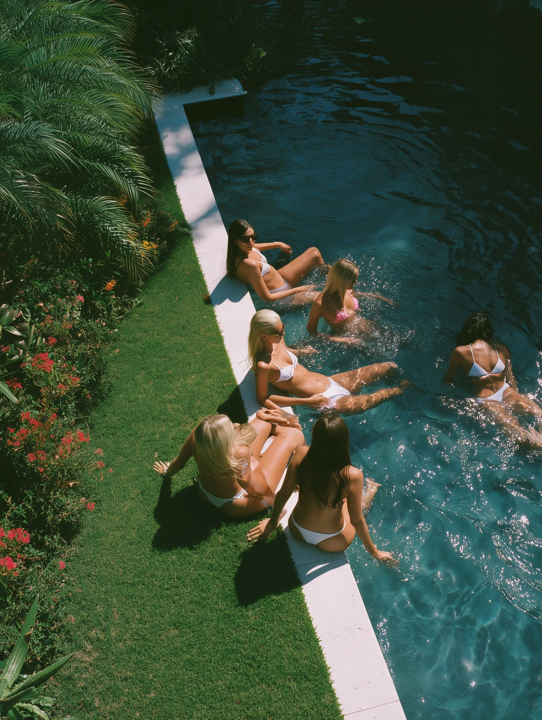 Girls relaxing in and around a sunny swimming pool with green grass, perfect for summer party invitations.