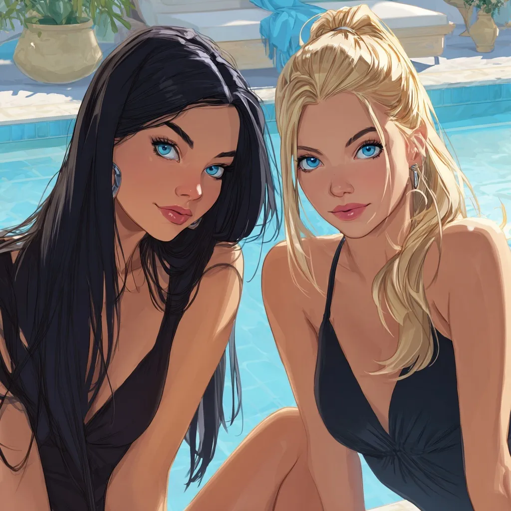 Two young women with blue eyes sitting by a sunny pool during a summer party.