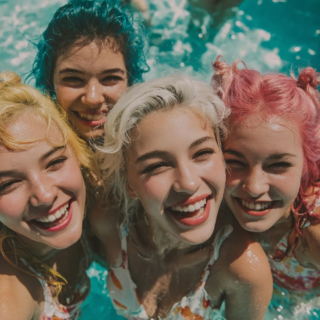 Diverse women with colorful hair laughing and splashing in a swimming pool during a sunny summer pool party.