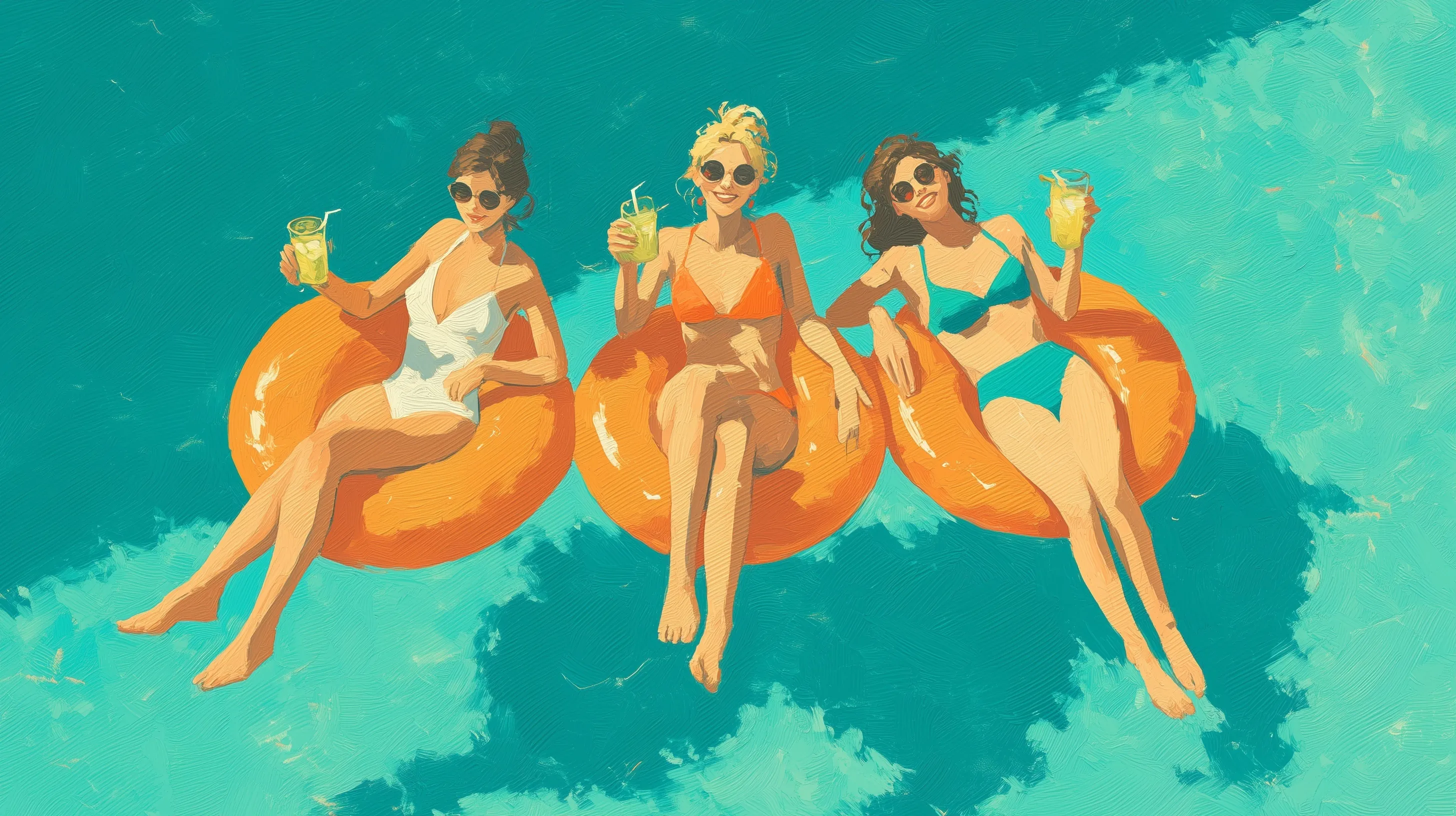 Three women relaxing on orange pool floats with drinks in a luxury turquoise swimming pool.