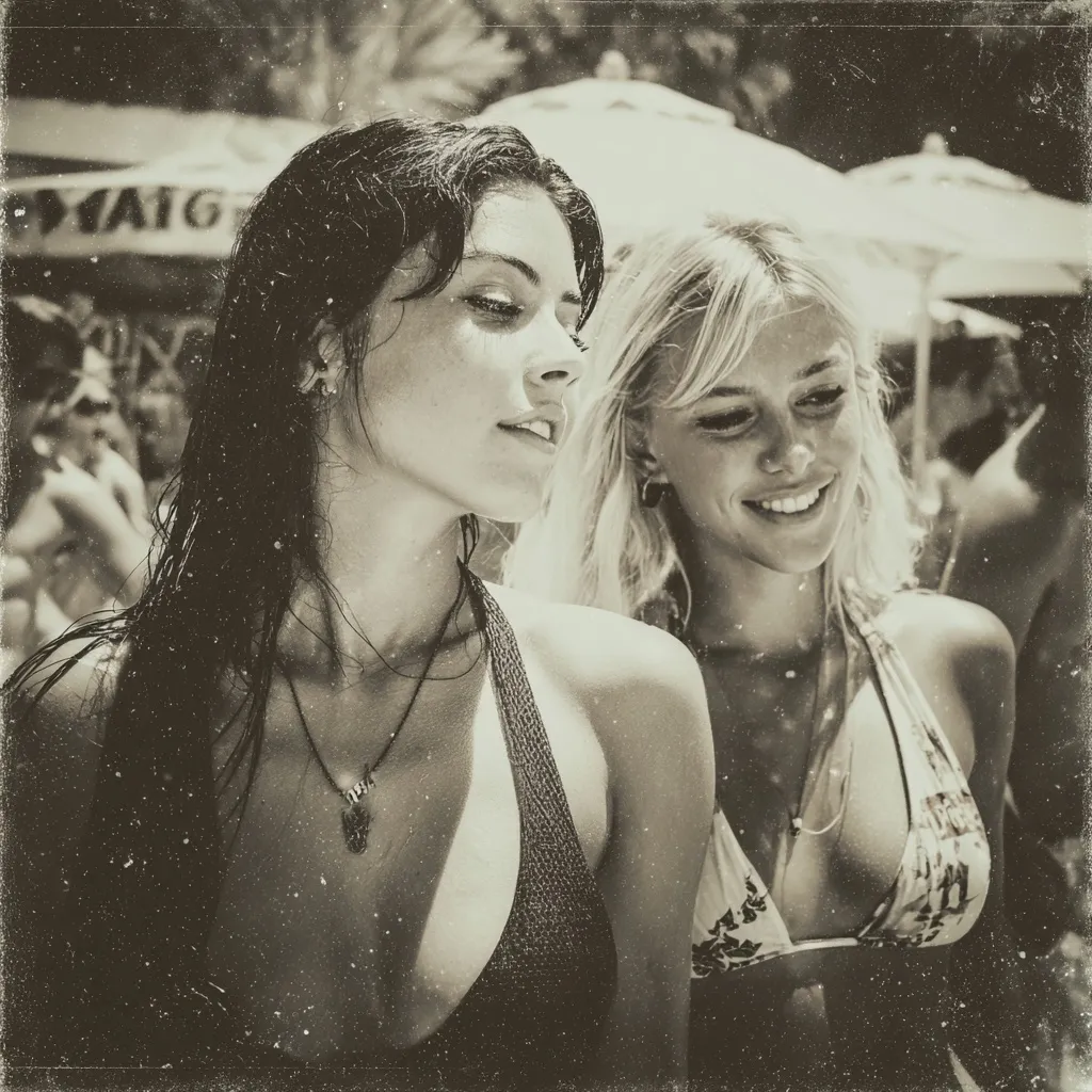 Black and white vintage photo of beautiful girls at an Ibiza pool party, perfect for summer event invitations.