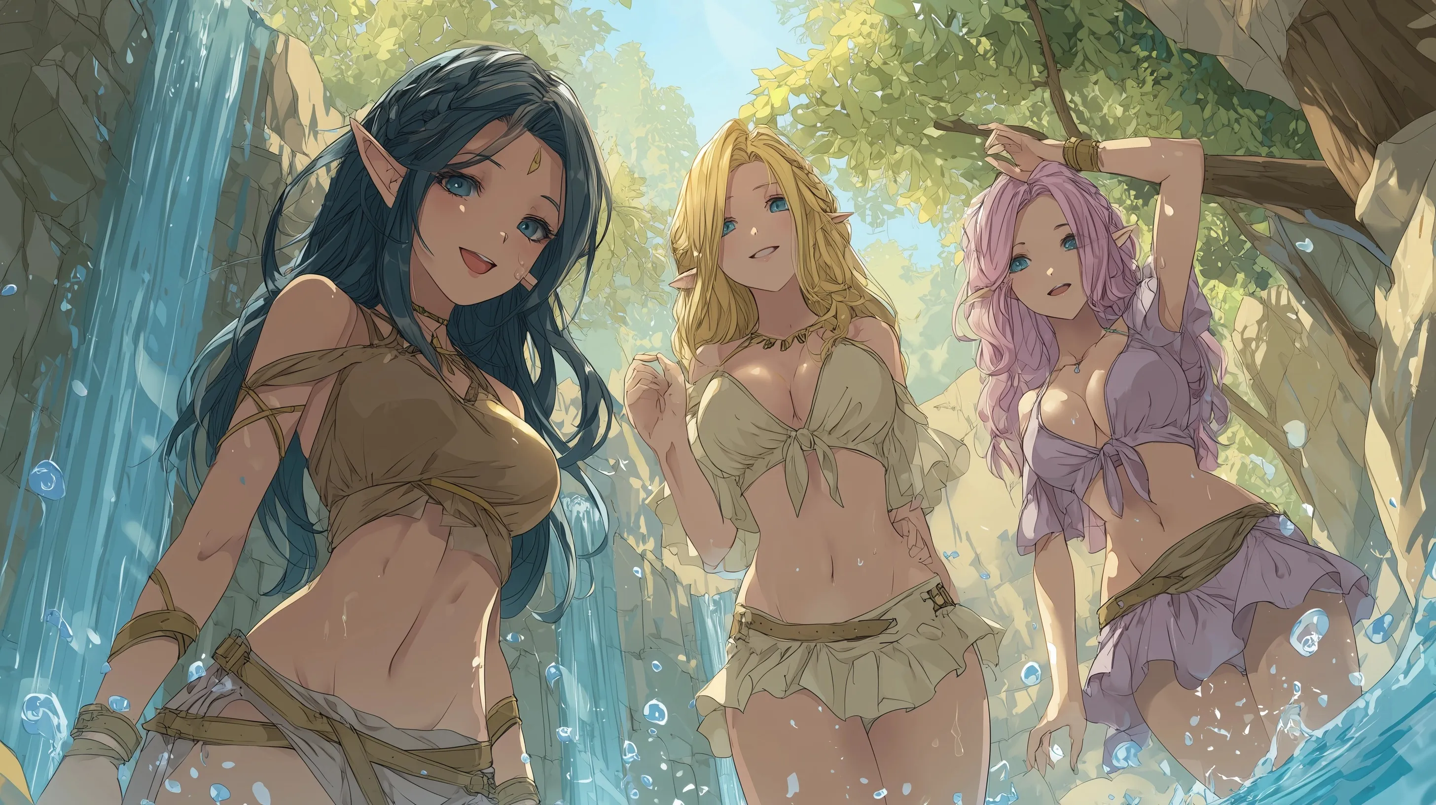 Three anime elf girls in a pool with a waterfall, perfect for summer party invitations and beach event promotions.