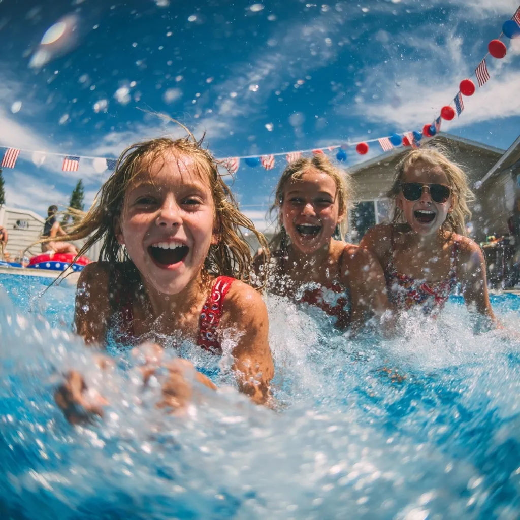 Diverse kids and teens having fun at a vibrant backyard Memorial Day pool party with splashing water and summer floats.
