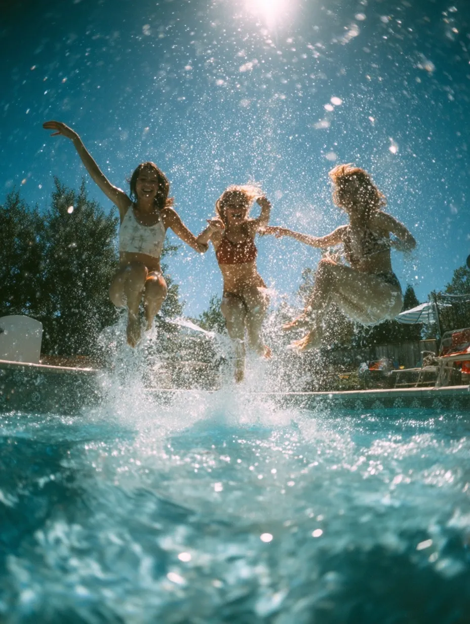 American teenagers jumping into a backyard pool during a sunny summer party with water splashes.