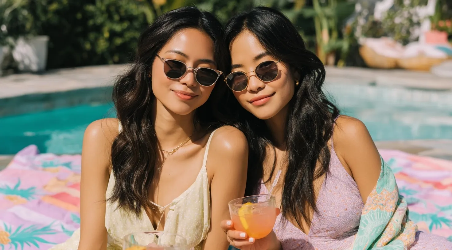 Two Asian women in pastel outfits and sunglasses posing with drinks at a summer pool party.