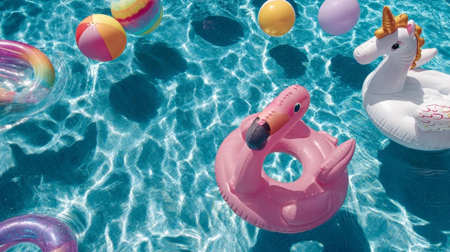 Top-down view of children playing with flamingo and unicorn floats in a sparkling blue summer swimming pool.